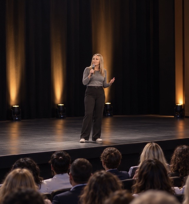 Louise Squires presenting to an audience